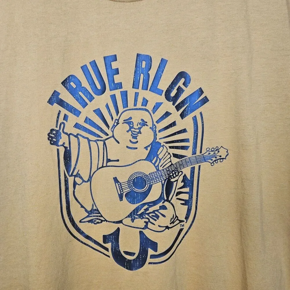 TRUE RELIGION Shirt Mens Large Gold Buddha Short Sleeve Graphic Tee Guitar Logo